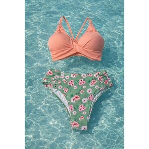 Cupshe Tropical Floral Bikini Set Peach Top Green Bottom Size M NEW